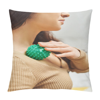 Personality  Cropped View Of Brunette Woman In Brown Jumper Massaging Lymphatic System On Chest With Manual Massage Ball At Home, Self-care Ritual And Holistic Wellness Practices Concept, Balancing Energy Pillow Covers