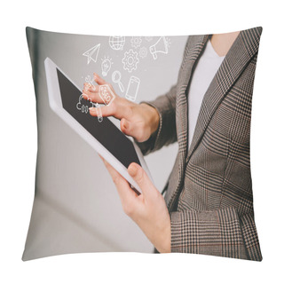 Personality  Cropped View On Businesswoman Using And Touching Digital Tablet With Seo Icons Pillow Covers