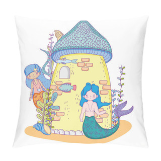 Personality  Couple Mermaids With Castle Undersea Scene Vector Illustration Design Pillow Covers