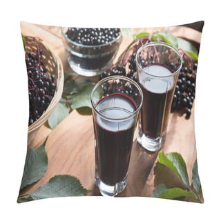 Personality  Two Glasses Of Elderberry Syrup On A Wooden Background Pillow Covers