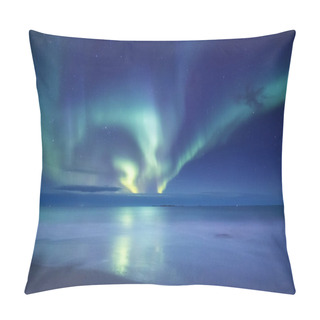 Personality  Aurora Borealis On The Lofoten Islands, Norway. Green Northern Lights Above Ocean. Night Sky With Polar Lights. Night Winter Landscape With Aurora And Reflection On The Water Surface. Norway-image Pillow Covers