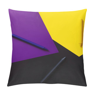 Personality  Top View Of Crayons On Colorful Papers On Black Background Pillow Covers