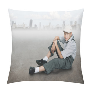 Personality  Old Fashioned Boy Sitting On A Ground Near City Pillow Covers