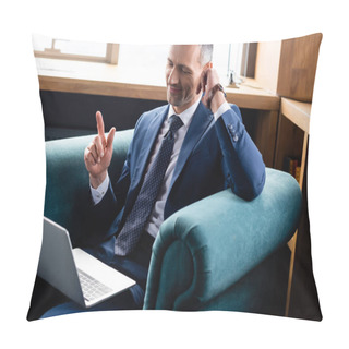 Personality  Smiling Businessman In Suit Using Laptop And Showing Idea Sign  Pillow Covers