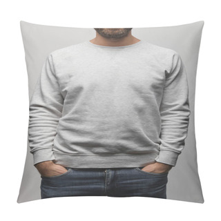 Personality  Partial View Of Bearded Man In Blank Basic Grey Sweatshirt With Hands In Pockets Isolated On Grey  Pillow Covers