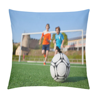 Personality  Two Young Soccer Players Running To Soccer Ball Pillow Covers
