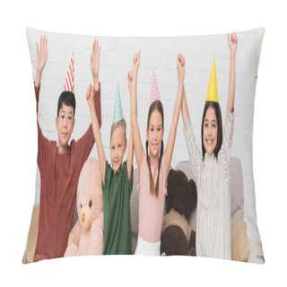 Personality  Cheerful Interracial Kids In Party Caps Looking At Camera During Birthday Party At Home, Banner  Pillow Covers