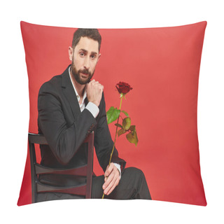 Personality  Elegant Man In Black Suit Sitting On Chair With Red Rose And Looking At Camera, St Valentines Day Pillow Covers