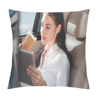 Personality  Woman In Car With Digital Tablet And Coffee Pillow Covers