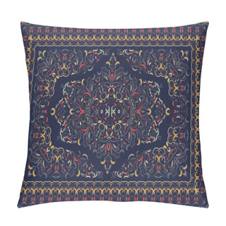 Personality  Vintage Arabic Pattern. Persian Colored Carpet. Rich Ornament For Fabric Design, Handmade, Interior Decoration, Textiles. Blue Background. Pillow Covers