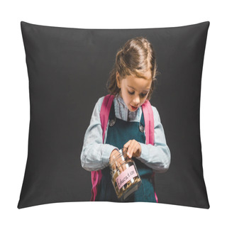 Personality  Schoolgirl With Backpack Holding Glass Jar With Savings For Education Isolated On Black Pillow Covers