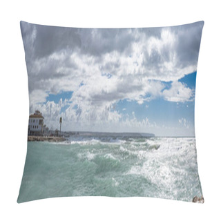 Personality  Panoramic View Of Portixol's Serene Coastline, With Turbulent Waves Meeting The Shore Beneath A Stormy Sky Pillow Covers