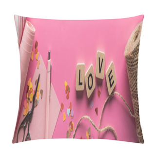 Personality  Top View Of Valentines Decoration, Scissors, Wrapping Paper, Twine And Love Lettering On Wooden Cubes On Pink Background, Panoramic Shot Pillow Covers