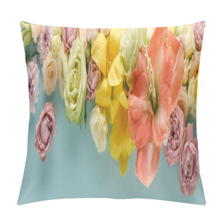 Personality  Top View Of Spring Flowers On Blue Background, Panoramic Shot Pillow Covers