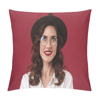 Personality  Photo Of A Happy Positive Smiling Young Amazing Woman Posing Isolated Over Red Wall Background. Pillow Covers