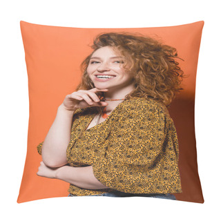 Personality  Happy Young Red Haired Woman In Necklaces, Yellow Blouse With Abstract Pattern Looking At Camera And Posing On Orange Background, Stylish Casual Outfit And Summer Vibes Concept, Youth Culture Pillow Covers