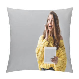 Personality  Shocked Girl Holding Digital Tablet And Looking Away Isolated On Grey Pillow Covers