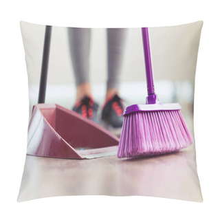 Personality  Close-up Of Young Woman Cleaning Her Flat With Broom And Collector At Home. Pillow Covers