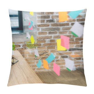 Personality  Selective Focus Of Colorful Sticky Notes On Glass Window In Loft Office Pillow Covers