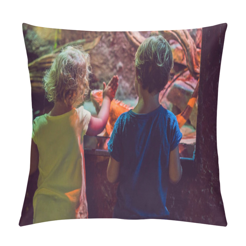 Personality  Little Boy and girl watching tropical coral fish in large sea life tank. Kids at the zoo aquarium pillow covers