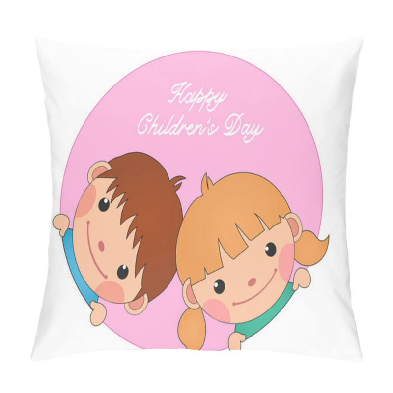 Personality  illustration of smiling boy and girl near happy childrens day lettering on pink pillow covers