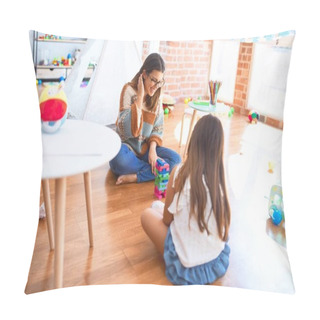 Personality  Beautiful Teacher And Toddler Playing With Wooden Building Blocks Around Lots Of Toys At Kindergarten Pillow Covers