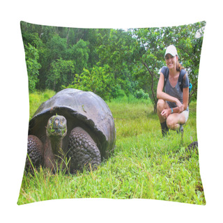 Personality  Galapagos Giant Tortoise With Young Woman (blurred In Background Pillow Covers