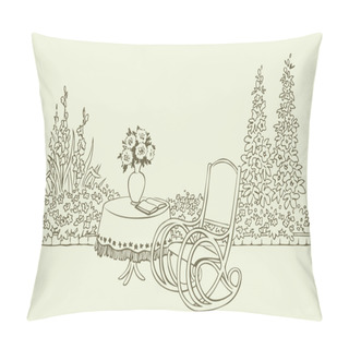 Personality  A Cozy Rocking Chair In A Flowering Garden Pillow Covers