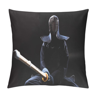 Personality  Kendo Fighter In Armor Holding Bamboo Sword On Black Pillow Covers