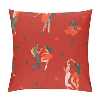 Personality  Hand Drawn Vector Abstract Cartoon Modern Graphic Happy Valentines Day Concept Illustrations Art Seamless Pattern With Dancing Couples People Together And Hearts Isolated On Red Color Background Pillow Covers