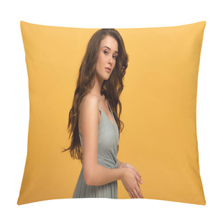 Personality  Attractive Spring Girl With Long Hair In Dress Isolated On Yellow Pillow Covers