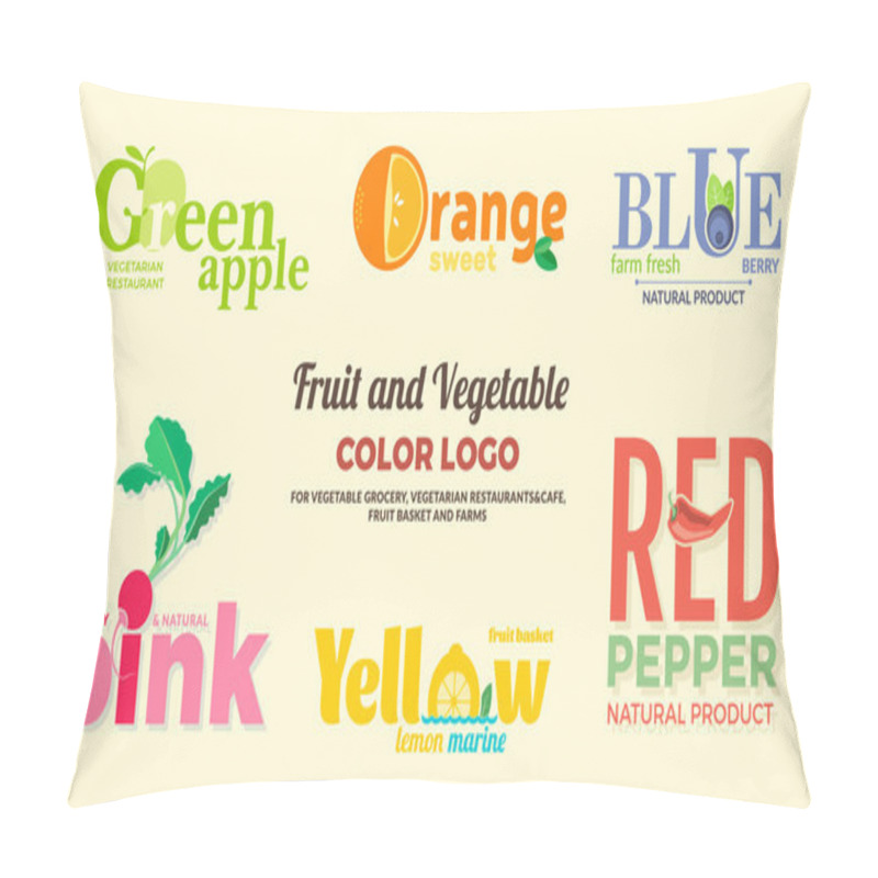 Personality  Set of colored logos on the theme of fruits and vegetables. For vegetable shops, vegetarian restaurants and cafes, delivery of fruit and vegetable farms. Vector Illustration. pillow covers