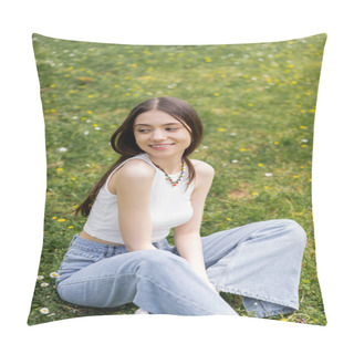 Personality  Carefree Young Woman In Casual Clothes Sitting On Meadow With Flowers In Park  Pillow Covers