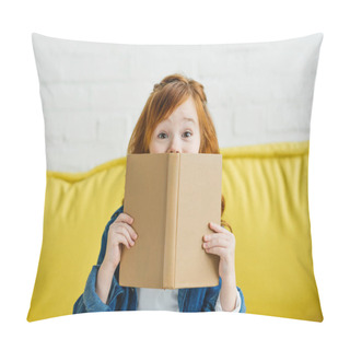 Personality  Child Sitting On Sofa And Holding Book In Front Of Her Face Pillow Covers
