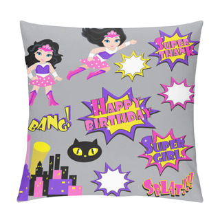 Personality  Colorful Cartoon Text Captions. Explosions And Noises. Super Girl. Birthday. Pillow Covers