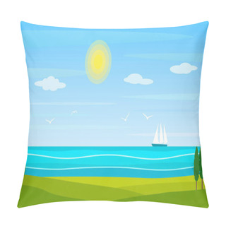 Personality  Summer Landscape Of The Sea Or Ocean Coast With Green Hills, Sun And Ship Sailing Ship. Flat Vector Illustration Pillow Covers