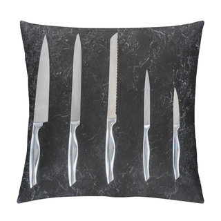 Personality  Top View Of Different Kitchen Knives Arranged On Black Surface  Pillow Covers
