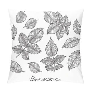 Personality  Rose Flower Leaves Hand Drawn In Lines. Black And White Monochrome Graphic Doodle Elements. Isolated Vector Illustration, Template For Design Pillow Covers