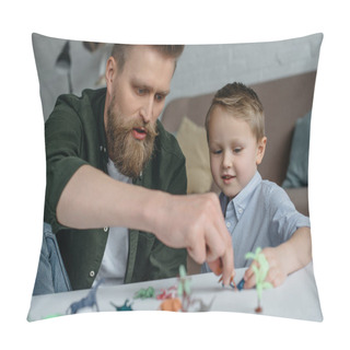 Personality  Father And Cute Little Son Playing With Various Toy Dinosaurs Together At Home Pillow Covers