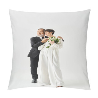 Personality  Middle-aged Bride And Groom In Wedding Attire Pose Passionately, Radiating Joy And Love In A Studio Setting. Pillow Covers