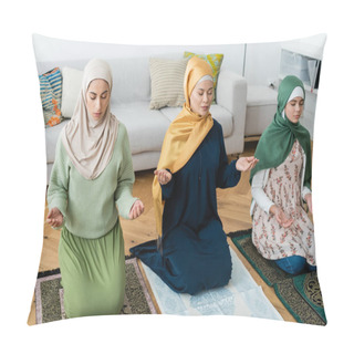 Personality  Multiethnic Women And Kid Praying On Rugs With Oriental Pattern At Home  Pillow Covers