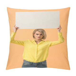 Personality  Dissatisfied Blonde Girl In Yellow Shirt Holding Blank Placard Isolated On Orange Pillow Covers