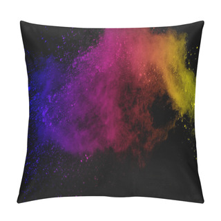 Personality  Freeze Motion Of Colored Powder Explosion Isolated On Black Background. Abstract Of Colorful Dust Splatted. Pillow Covers