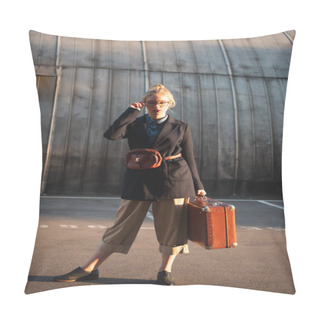 Personality  Beautiful Fashionable Traveler Holding Retro Suitcase On Urban Parking Pillow Covers