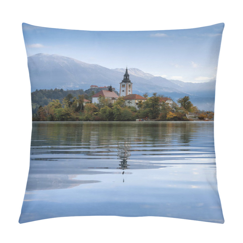 Personality  Beautiful Landscape Of Famous Lake Bled In Slovenia With Small Church On Green Island On Blue Cloudy Sky And Mountains Background Pillow Covers