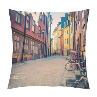 Personality  Traditional Typical Sweden Narrow Street With Paving Stones, Bikes And Colorful Buildings In Old Historical Town Quarter Gamla Stan Of Stadsholmen Island, Stockholm, Sweden Pillow Covers