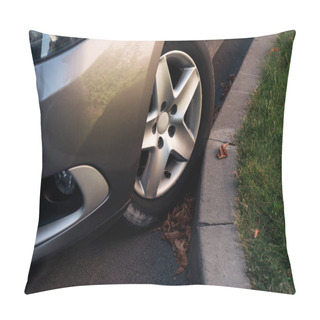 Personality  Detail Of Grey Shiny Car On Parking Lot And Green Grass Pillow Covers