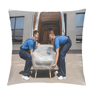 Personality  Side View Of Movers Holding Armchair In Stretch Wrap Near Truck With Open Doors On Urban Street  Pillow Covers