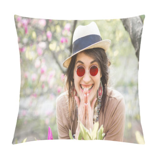 Personality  Portrait Of Young Woman In Hat And Glasses On Magnolias Background Pillow Covers