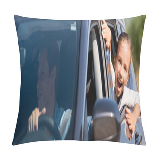 Personality  Horizontal Concept Of Excited Kid Looking Through Car Window Near Father  Pillow Covers